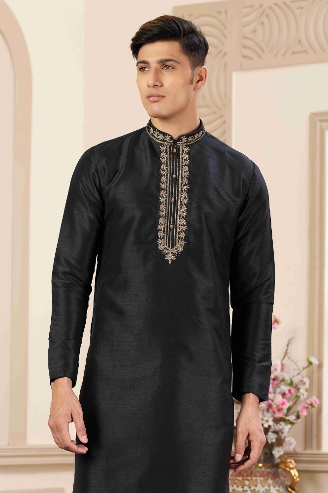Raivat Ethnic Banarasi Art Silk Hand Work Kurta Pajama In Black Colour | Swadesiicart