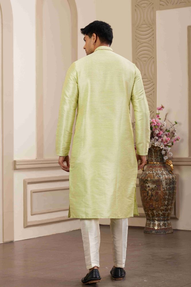 Raivat Ethnic Banarasi Art Silk Hand Work Kurta Pajama In Pista Green Colour | Swadesiicart