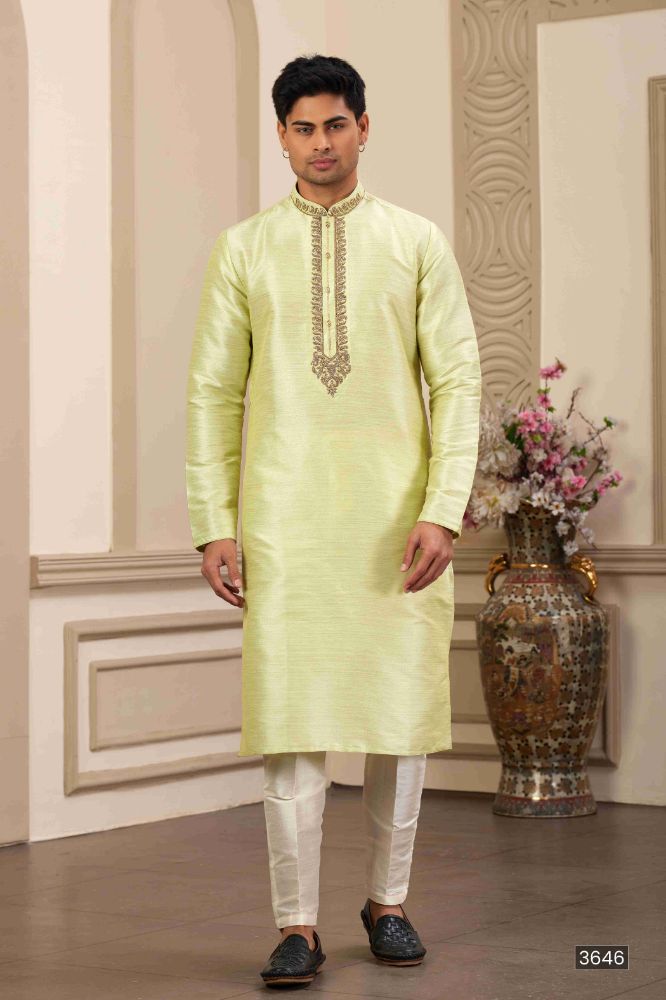 Raivat Ethnic Banarasi Art Silk Hand Work Kurta Pajama In Pista Green Colour | Swadesiicart