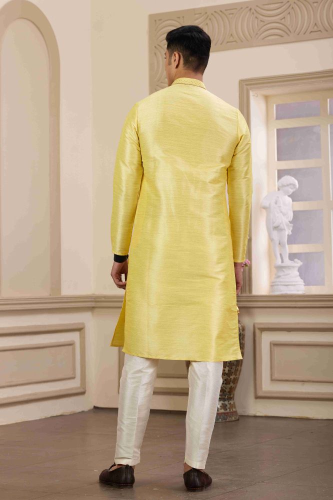 Raivat Ethnic Banarasi Art Silk Hand Work Kurta Pajama In Lemon Yellow Colour | Swadesiicart