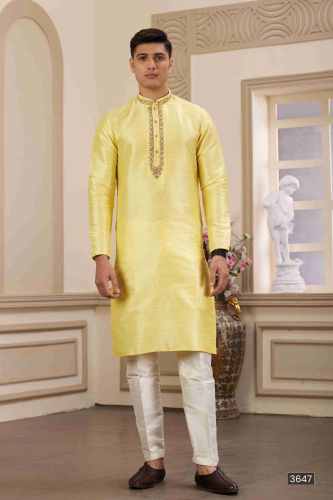 Raivat Ethnic Banarasi Art Silk Hand Work Kurta Pajama In Lemon Yellow Colour | Swadesiicart