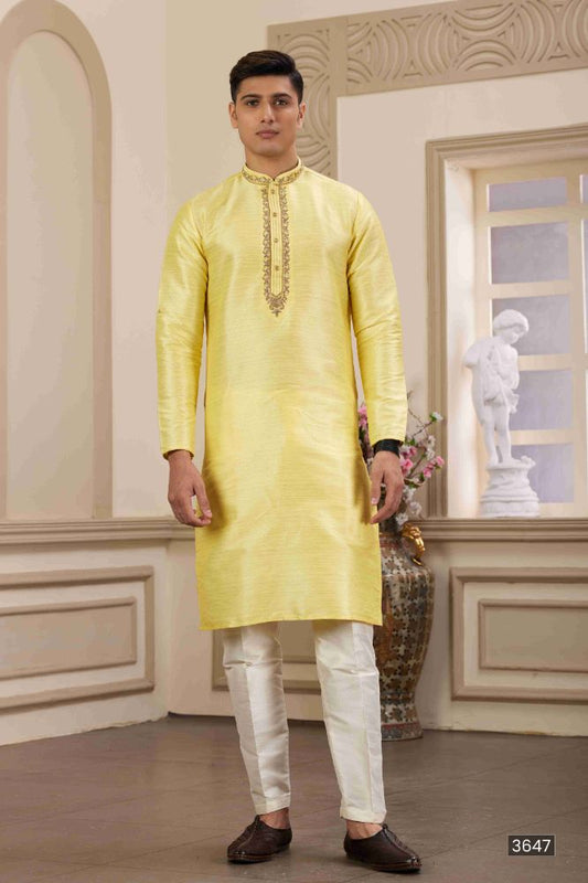 Raivat Ethnic Banarasi Art Silk Hand Work Kurta Pajama In Lemon Yellow Colour | Swadesiicart