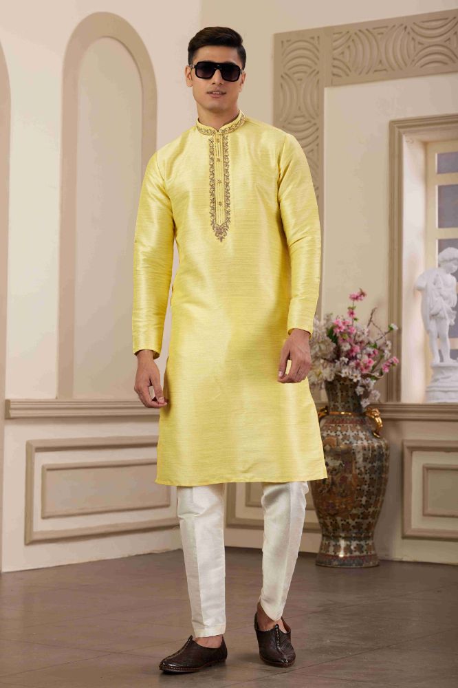 Raivat Ethnic Banarasi Art Silk Hand Work Kurta Pajama In Lemon Yellow Colour | Swadesiicart