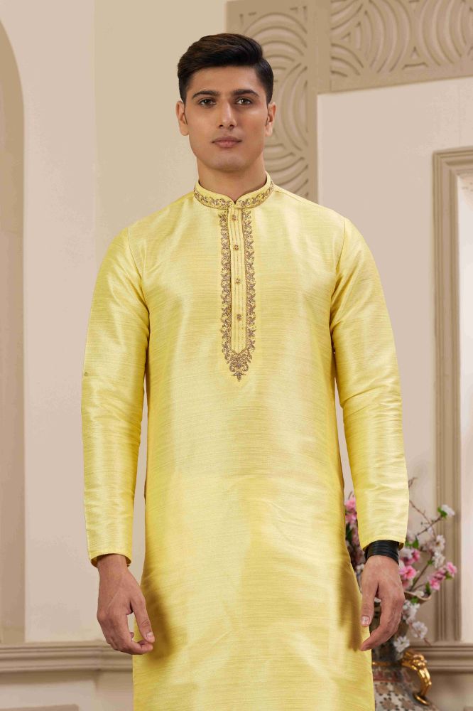 Raivat Ethnic Banarasi Art Silk Hand Work Kurta Pajama In Lemon Yellow Colour | Swadesiicart