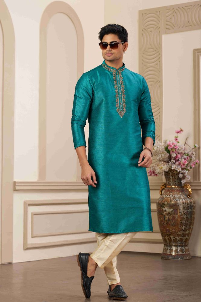 Raivat Ethnic Banarasi Art Silk Hand Work Kurta Pajama In Teal Green Colour | Swadesiicart