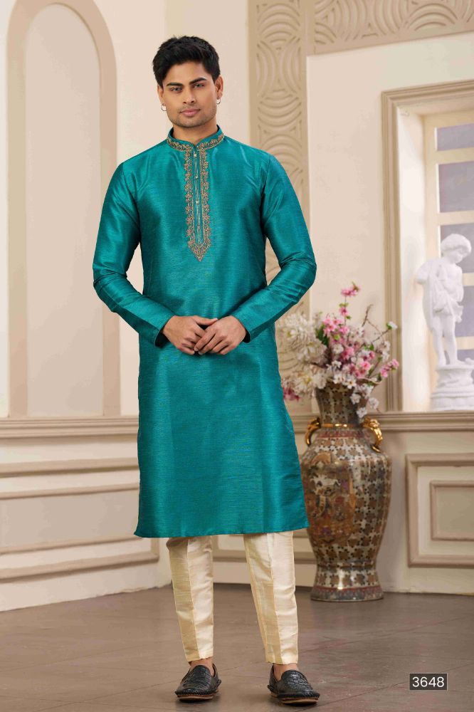Raivat Ethnic Banarasi Art Silk Hand Work Kurta Pajama In Teal Green Colour | Swadesiicart