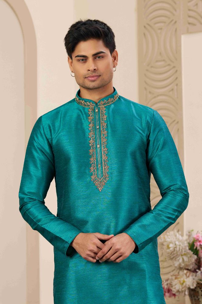 Raivat Ethnic Banarasi Art Silk Hand Work Kurta Pajama In Teal Green Colour | Swadesiicart