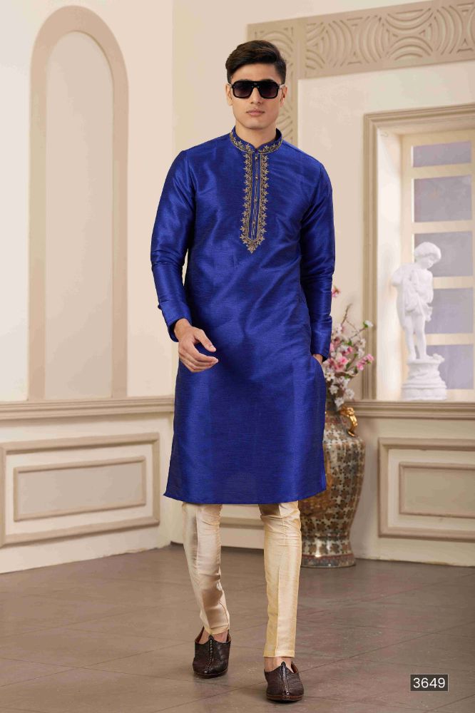 Raivat Ethnic Banarasi Art Silk Hand Work Kurta Pajama In Blue Colour | Swadesiicart