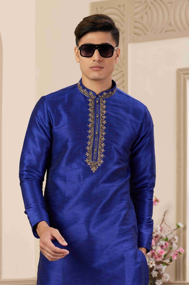 Raivat Ethnic Banarasi Art Silk Hand Work Kurta Pajama In Blue Colour | Swadesiicart