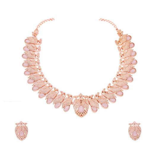 Tehzeeb Creations Rose Gold Baby Pink Colour Necklace With Pair Of Earrings - Swadesiicart