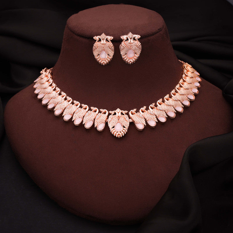 Tehzeeb Creations Rose Gold Baby Pink Colour Necklace With Pair Of Earrings - Swadesiicart