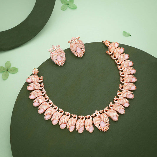 Tehzeeb Creations Rose Gold Baby Pink Colour Necklace With Pair Of Earrings - Swadesiicart