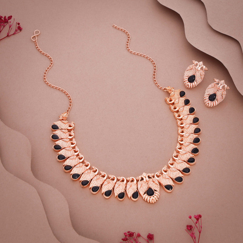 Tehzeeb Creations Rose Gold Black Colour Necklace With Pair Of Earrings - Swadesiicart