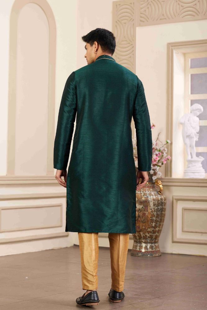 Raivat Ethnic Banarasi Art Silk Hand Work Kurta Pajama In Green Colour | Swadesiicart