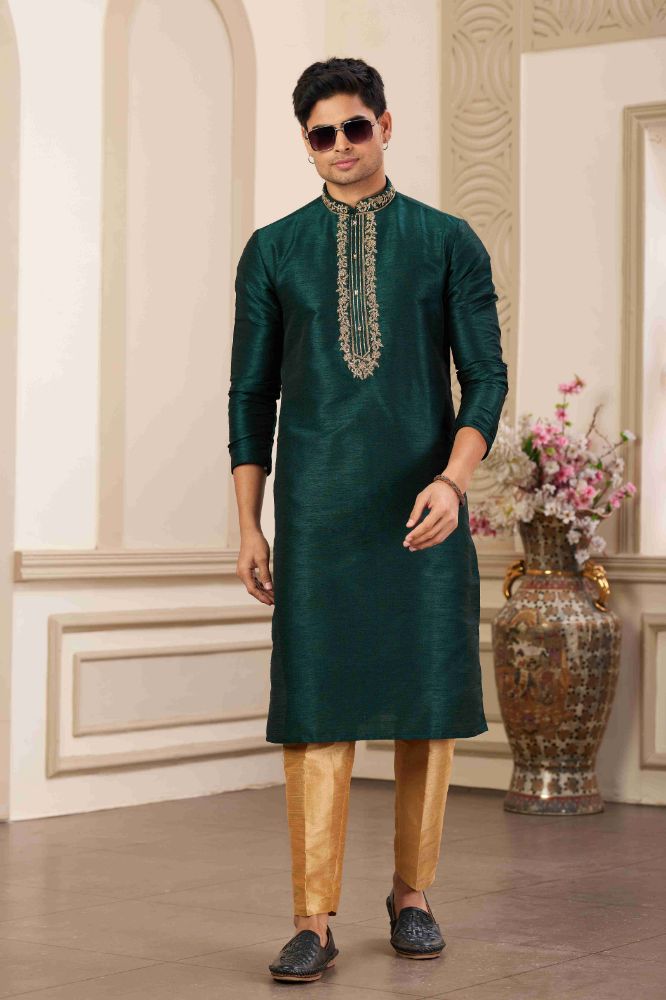 Raivat Ethnic Banarasi Art Silk Hand Work Kurta Pajama In Green Colour | Swadesiicart