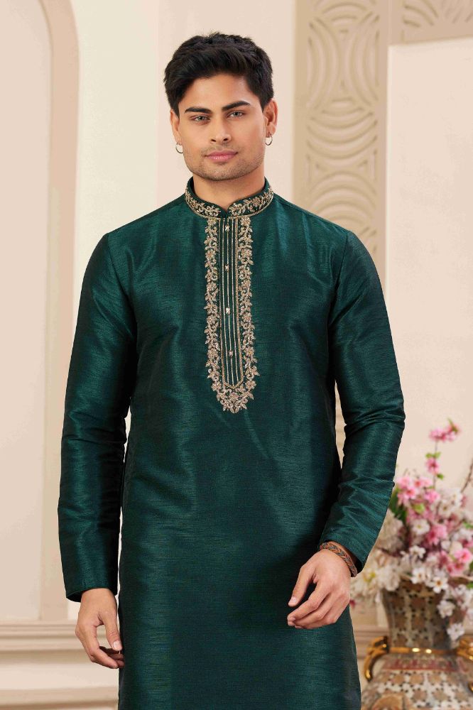 Raivat Ethnic Banarasi Art Silk Hand Work Kurta Pajama In Green Colour | Swadesiicart