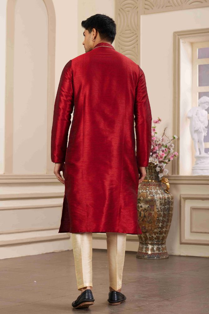 Raivat Ethnic Banarasi Art Silk Hand Work Kurta Pajama In Maroon Colour | Swadesiicart