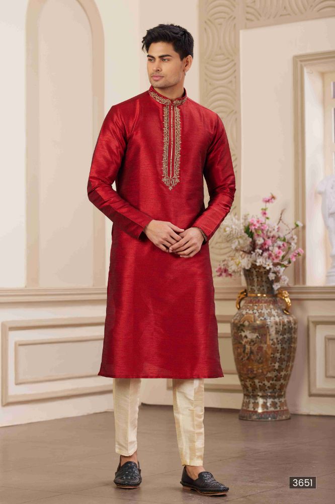Raivat Ethnic Banarasi Art Silk Hand Work Kurta Pajama In Maroon Colour | Swadesiicart