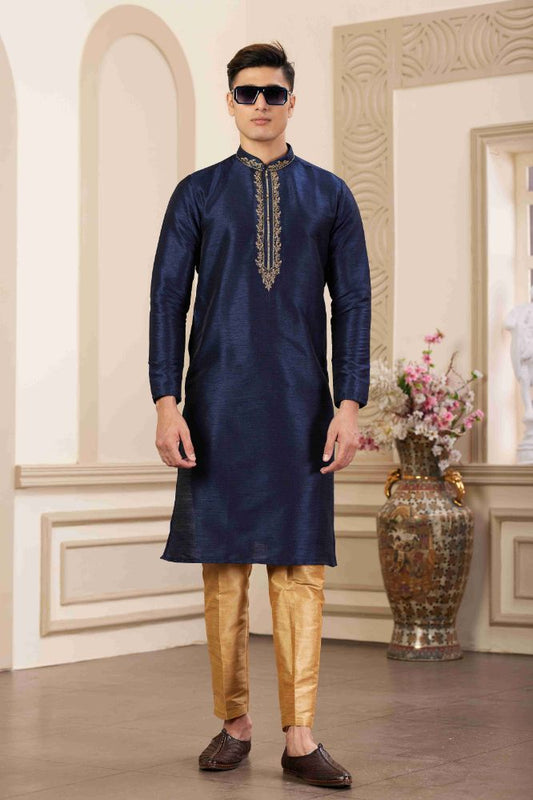 Raivat Ethnic Banarasi Art Silk Hand Work Kurta Pajama In Blue Colour | Swadesiicart