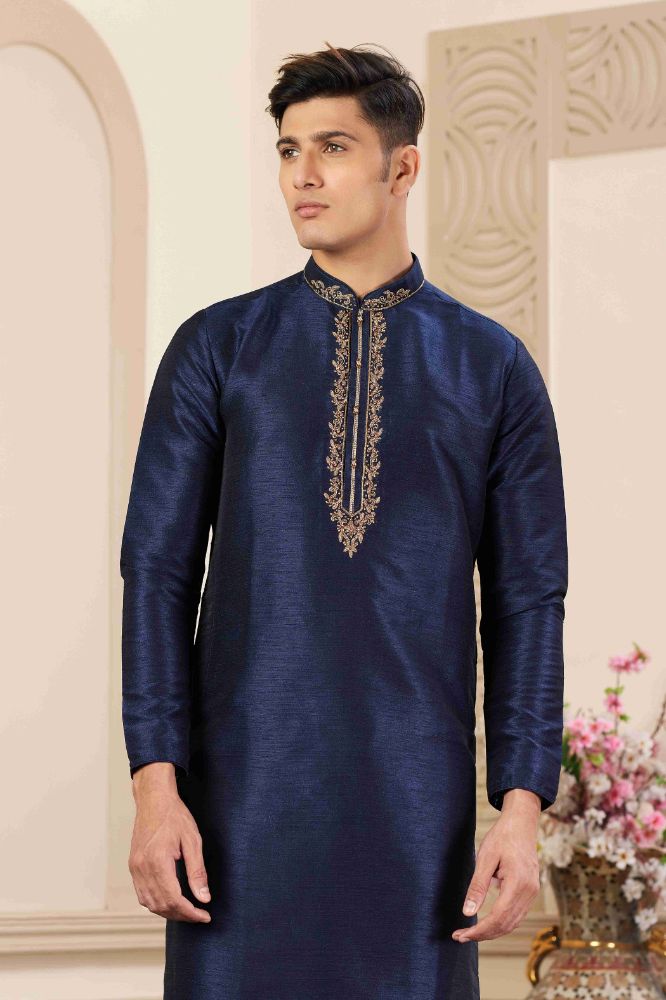 Raivat Ethnic Banarasi Art Silk Hand Work Kurta Pajama In Blue Colour | Swadesiicart