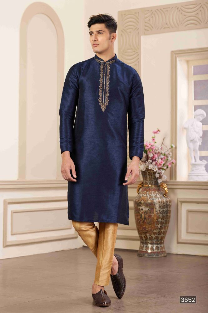 Raivat Ethnic Banarasi Art Silk Hand Work Kurta Pajama In Blue Colour | Swadesiicart