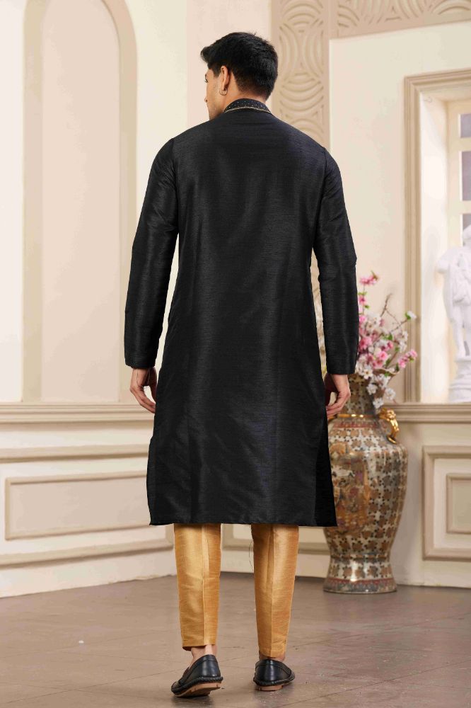 Raivat Ethnic Banarasi Art Silk Hand Work Kurta Pajama In Black Colour | Swadesiicart