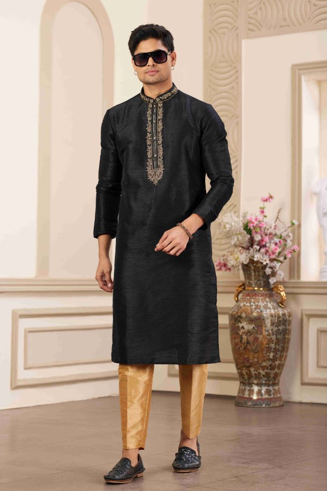 Raivat Ethnic Banarasi Art Silk Hand Work Kurta Pajama In Black Colour | Swadesiicart