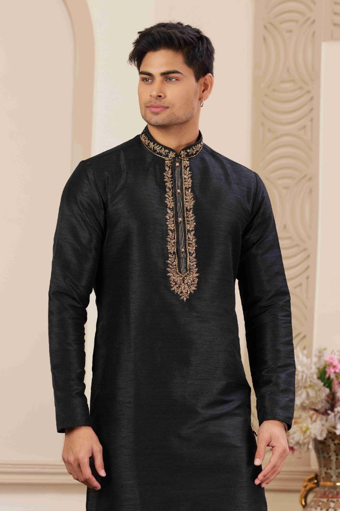 Raivat Ethnic Banarasi Art Silk Hand Work Kurta Pajama In Black Colour | Swadesiicart