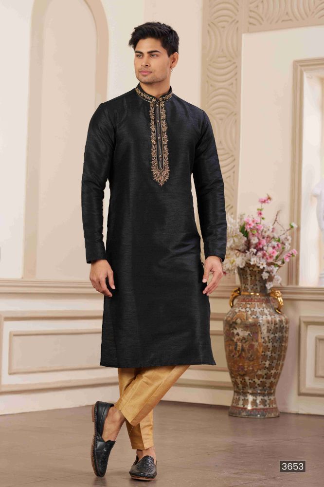 Raivat Ethnic Banarasi Art Silk Hand Work Kurta Pajama In Black Colour | Swadesiicart