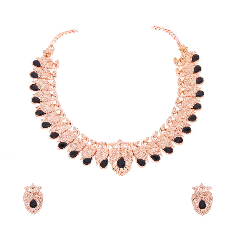 Tehzeeb Creations Rose Gold Black Colour Necklace With Pair Of Earrings - Swadesiicart