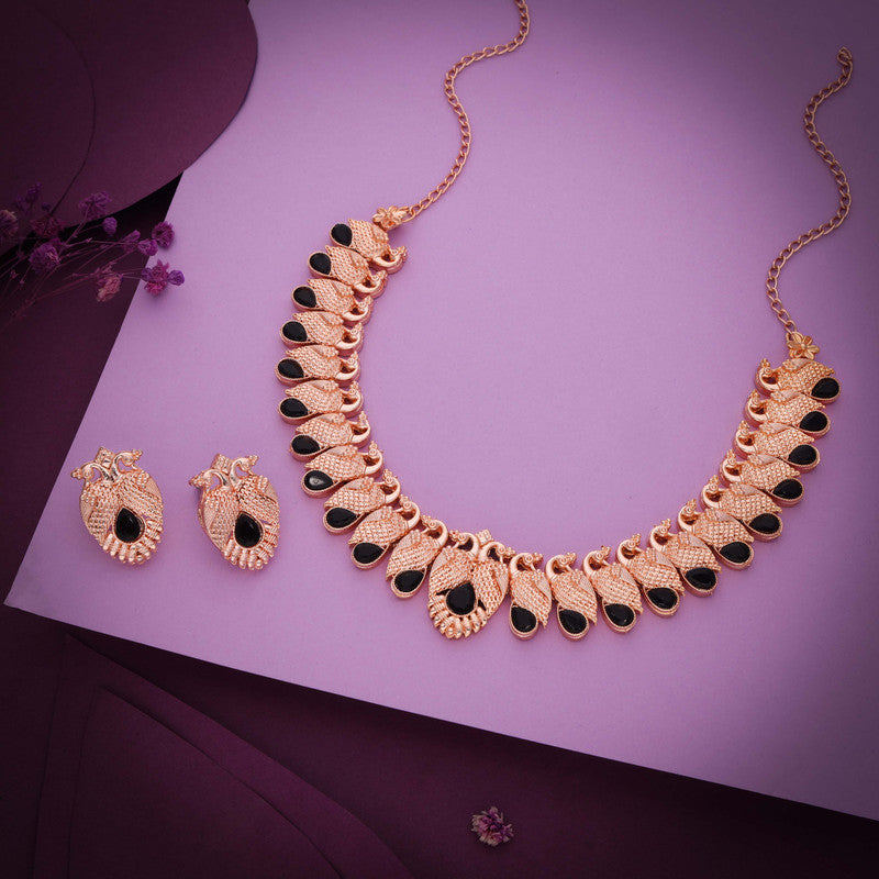 Tehzeeb Creations Rose Gold Black Colour Necklace With Pair Of Earrings - Swadesiicart