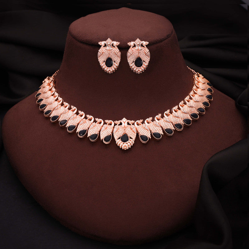 Tehzeeb Creations Rose Gold Black Colour Necklace With Pair Of Earrings - Swadesiicart