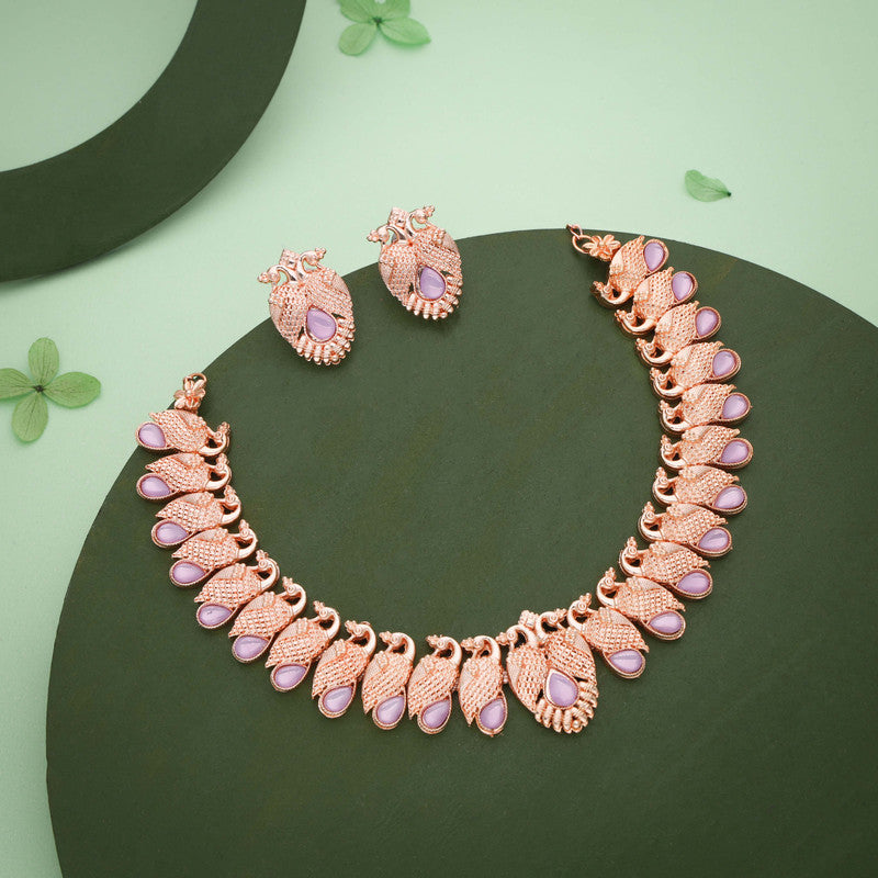 Tehzeeb Creations Rose Gold Lavender Colour Necklace With Pair Of Earrings - Swadesiicart