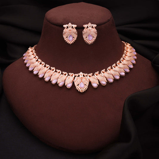 Tehzeeb Creations Rose Gold Lavender Colour Necklace With Pair Of Earrings - Swadesiicart