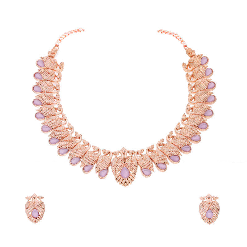 Tehzeeb Creations Rose Gold Lavender Colour Necklace With Pair Of Earrings - Swadesiicart