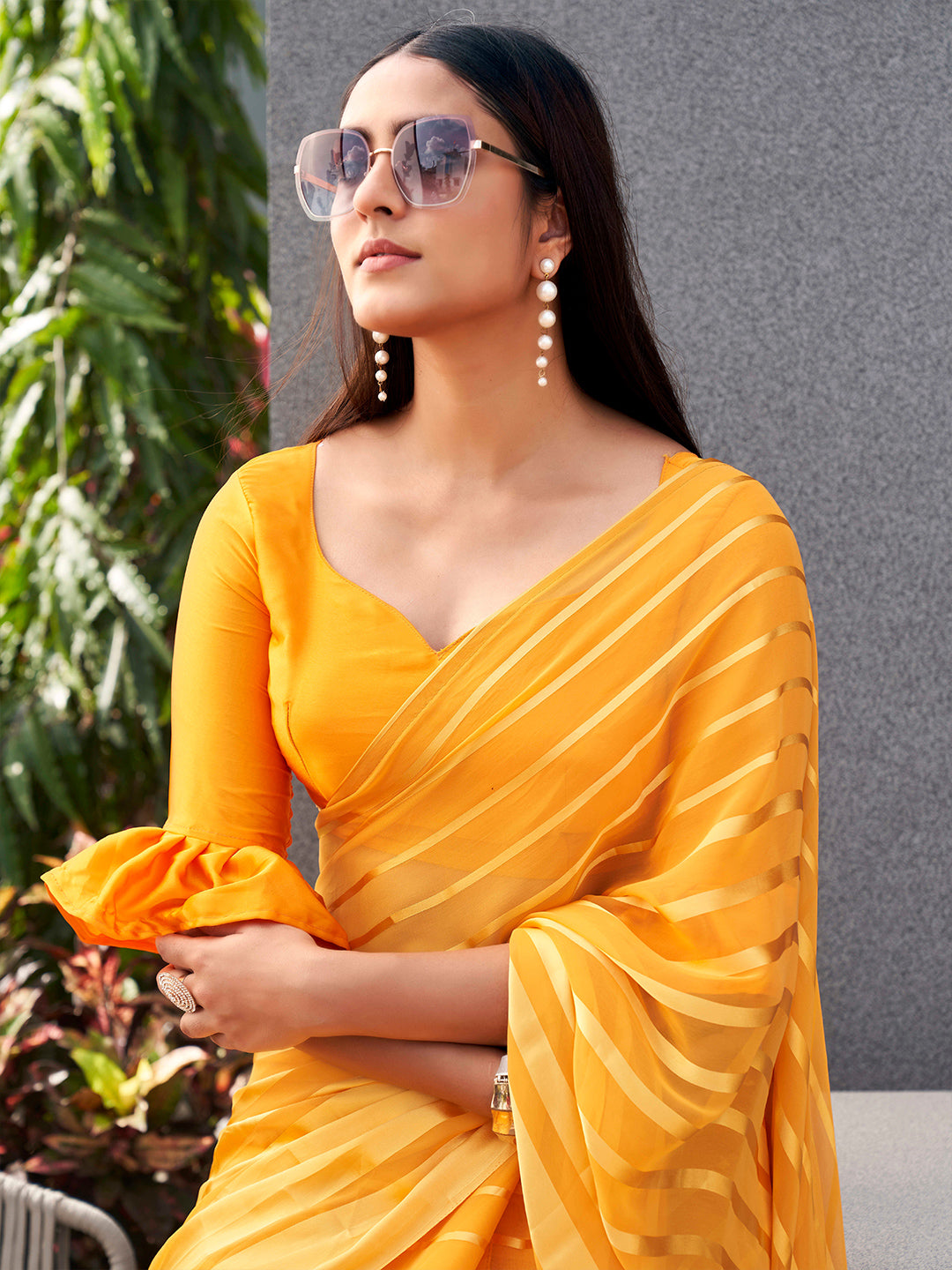 Tikhi Imli Striped Georgette Ready to Wear Saree | Swadesiicart