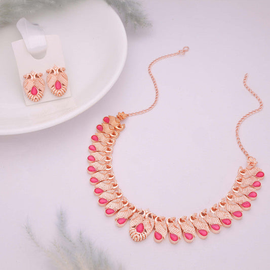 Tehzeeb Creations Rose Gold Pink Colour Necklace With Pair Of Earrings - Swadesiicart