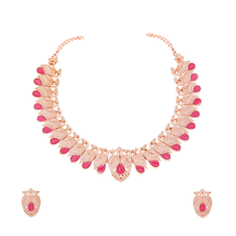 Tehzeeb Creations Rose Gold Pink Colour Necklace With Pair Of Earrings - Swadesiicart