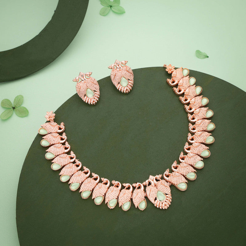 Tehzeeb Creations Rose Gold Sea Green Colour Necklace With Pair Of Earrings - Swadesiicart