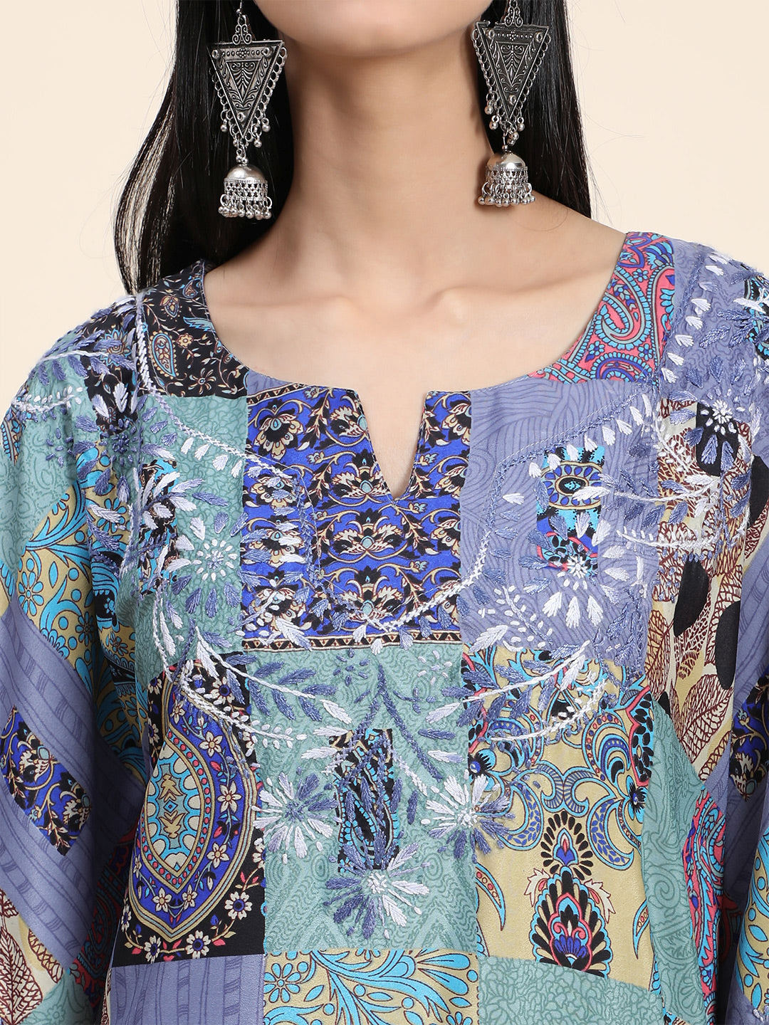 HOUSE OF KARI Ethnic Motifs Printed Notched Neck Chikankari Embroidery Cotton Kaftan Kurta | Swadesiicart