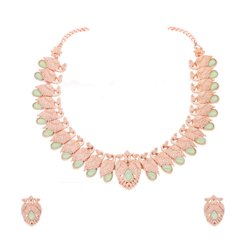 Tehzeeb Creations Rose Gold Sea Green Colour Necklace With Pair Of Earrings - Swadesiicart