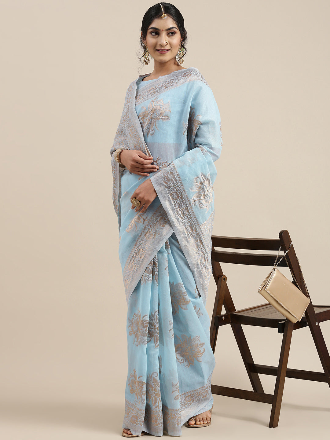 Saree Mall Turquoise Blue Floral Linen Blend Banarasi Saree | Swadesiicart