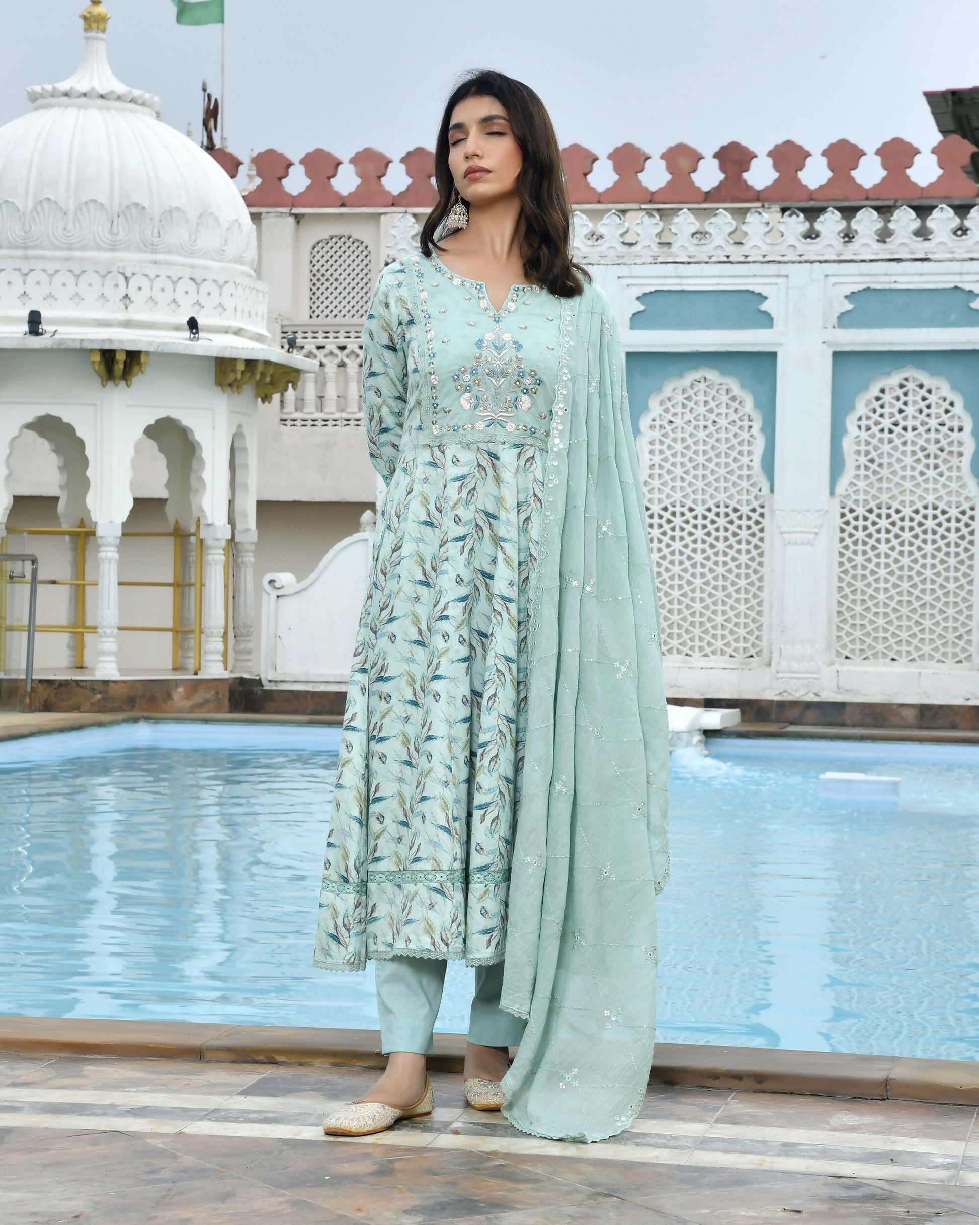 Vaasva Women's Sky Blue Cotton Anarkali Set With Solid Pant And Embroidered Dupatta | Swadesiicart