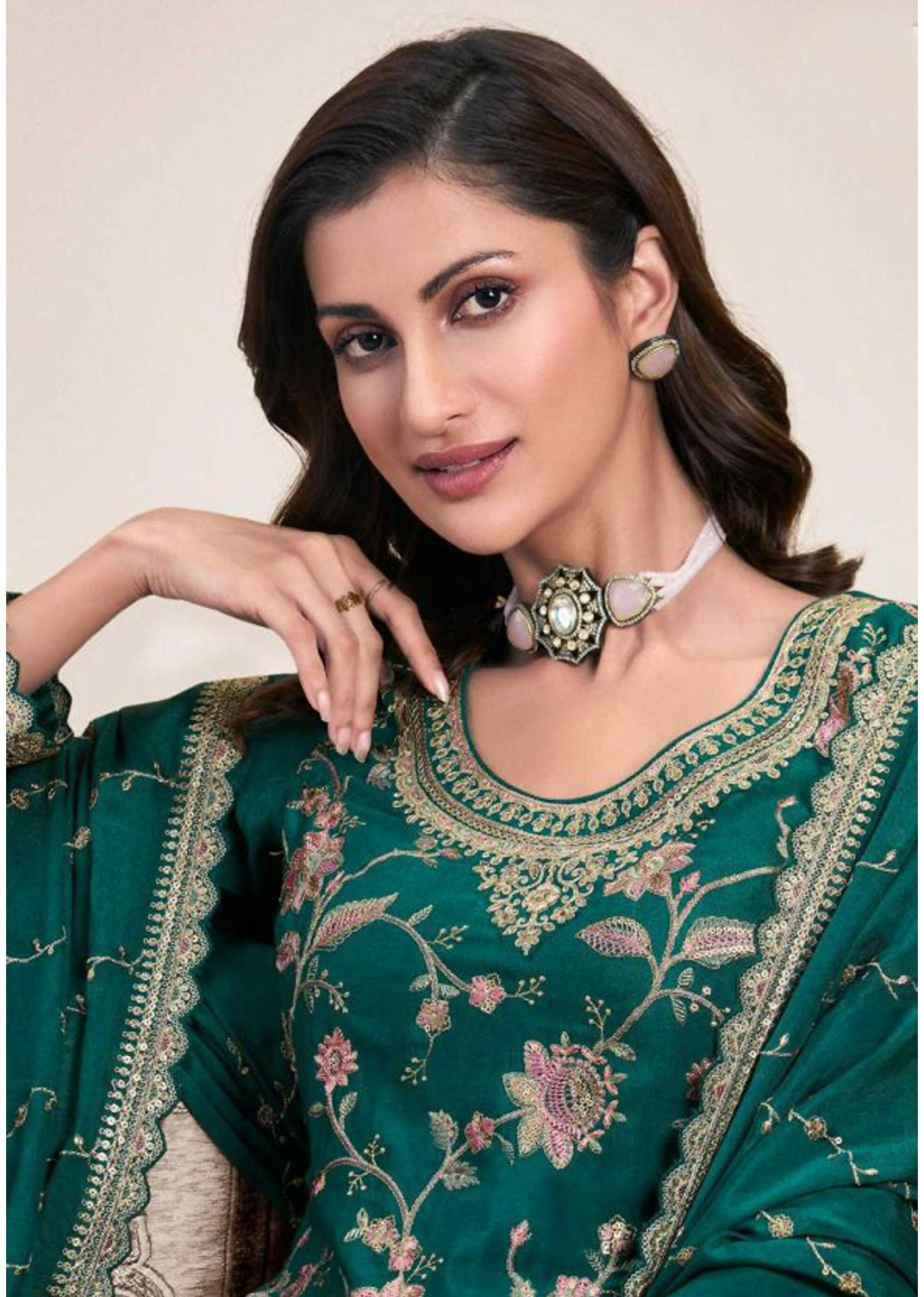 Anaita Green Heavy Chinon With Embroidery Sharara Suit (bottom Stitched)