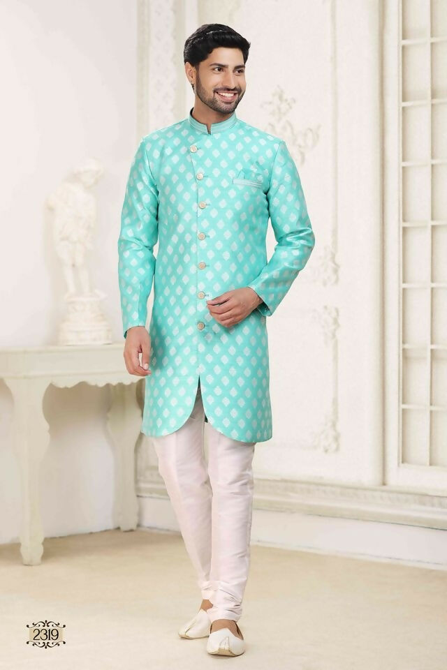 Raivat Ethnic Banarasi Jacquard Embroidery Semi Indo Western Sherwani In Green Colour | Swadesiicart