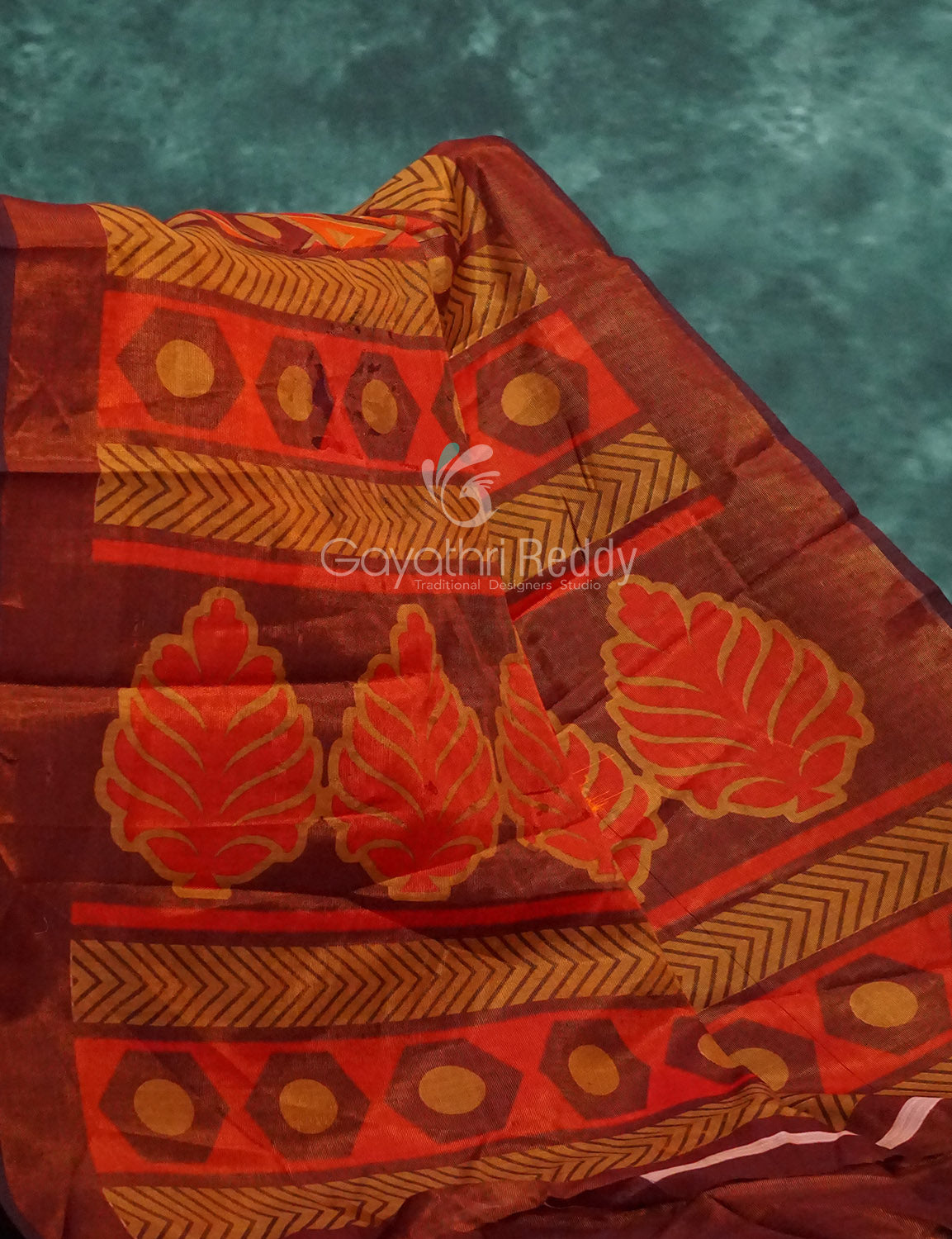 Orange and brown mix geometrical print Semi Chanderi Saree. By Gayathri Reddy Designer Studio | Swadesiicart