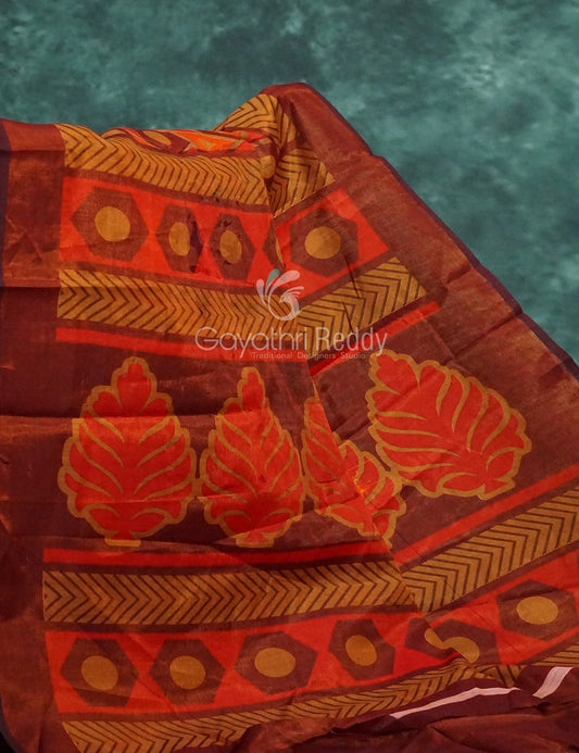 Orange and brown mix geometrical print Semi Chanderi Saree. By Gayathri Reddy Designer Studio | Swadesiicart