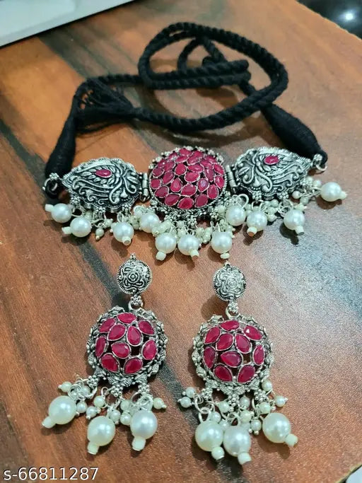 Tehzeeb Creations Women's Maroon Colour Meenakari Necklace Set With White Pearl - Swadesiicart