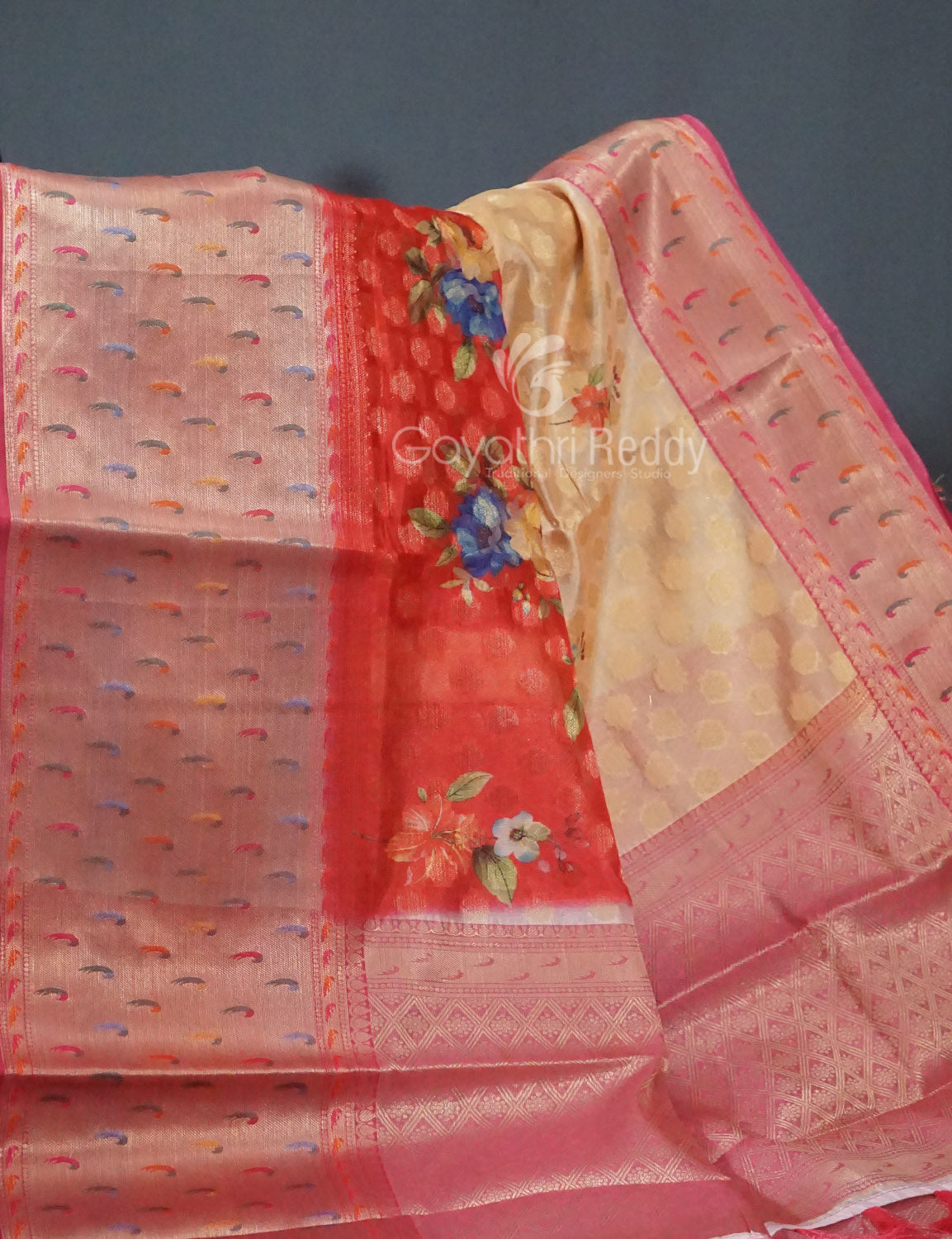 Shades of Red Colour Floral Design Banaras Semi Silk Saree By Gayathri Reddy Designer Studio | Swadesiicart