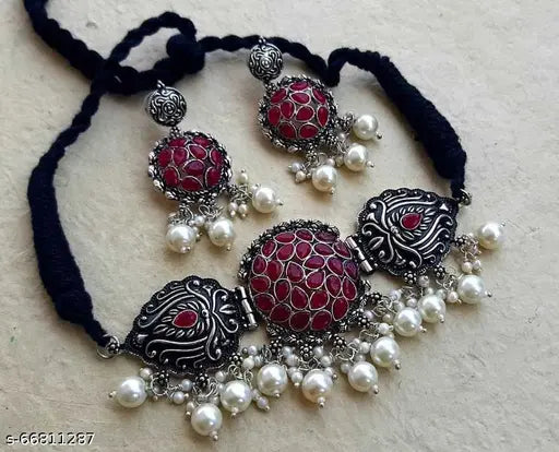 Tehzeeb Creations Women's Maroon Colour Meenakari Necklace Set With White Pearl - Swadesiicart